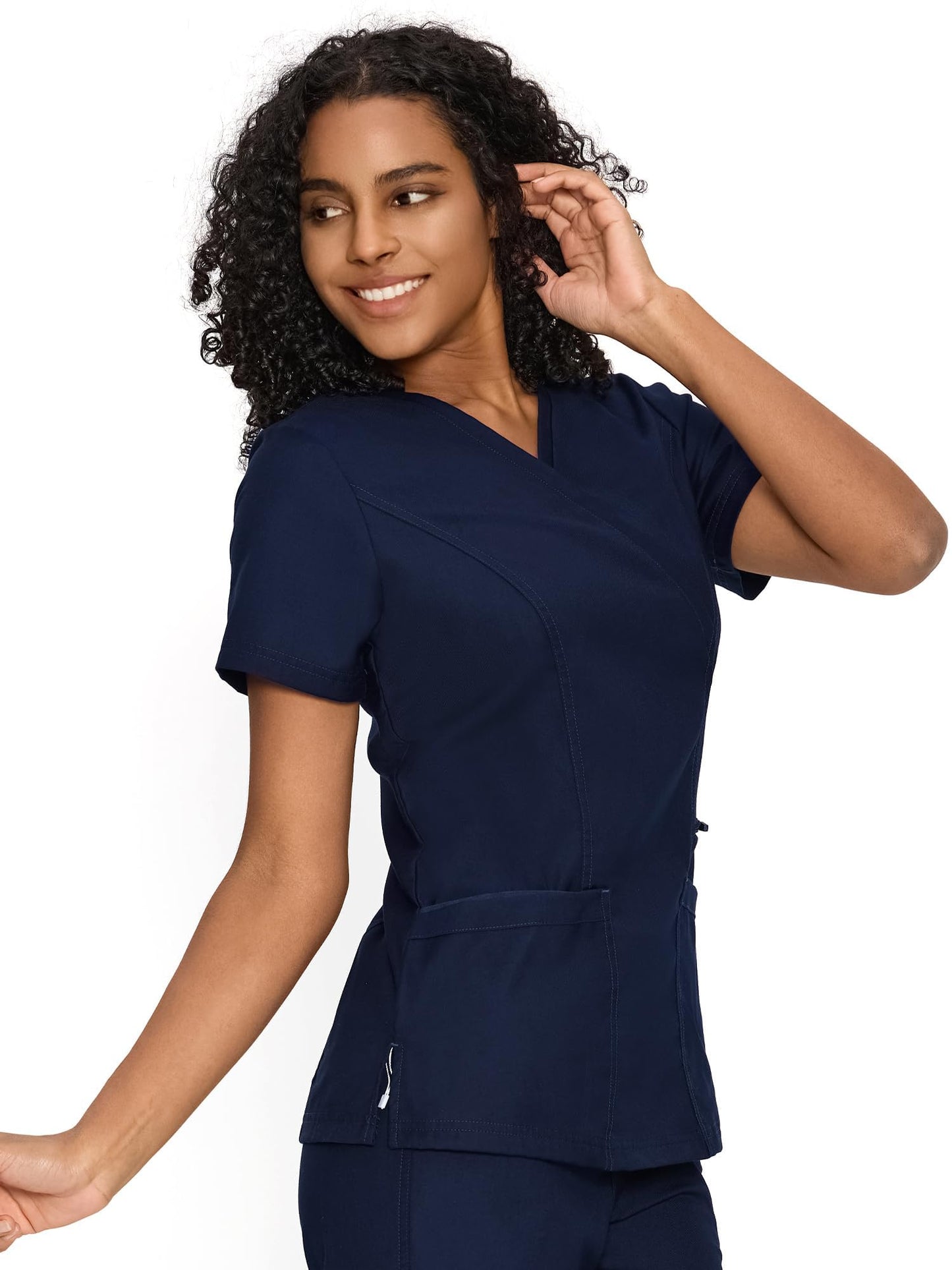 Venus Mock Wrap Scrub Top, Navy Blue, Model Front View