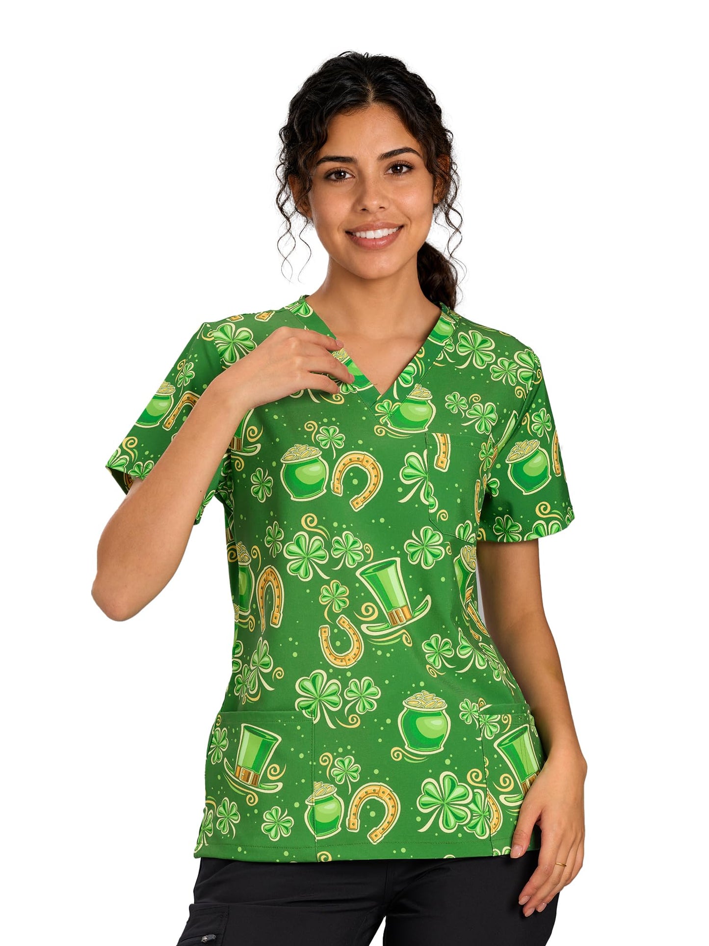 CSYHT01P01 Women's Printed V-Neck Scrub Top — Trifolium — 3