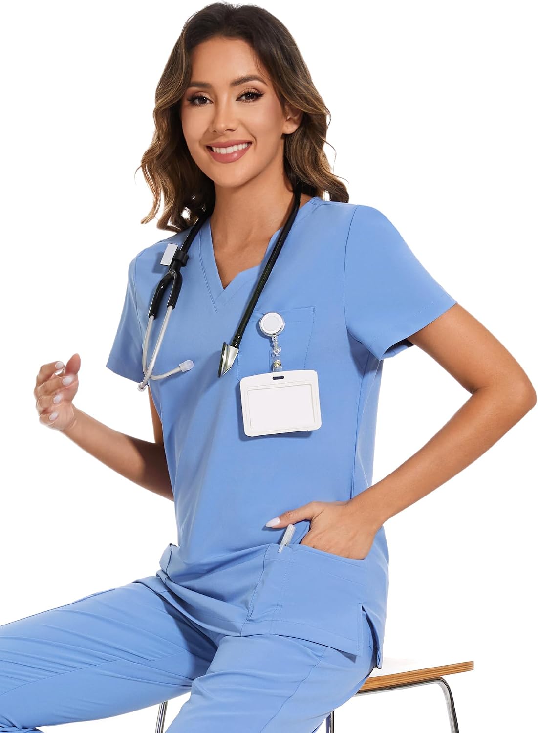 Luna V-Neck Scrub Top — True Ceil Blue — 6