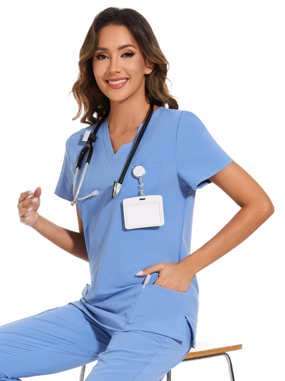 Luna V-Neck Scrub Top — True Ceil Blue — 6