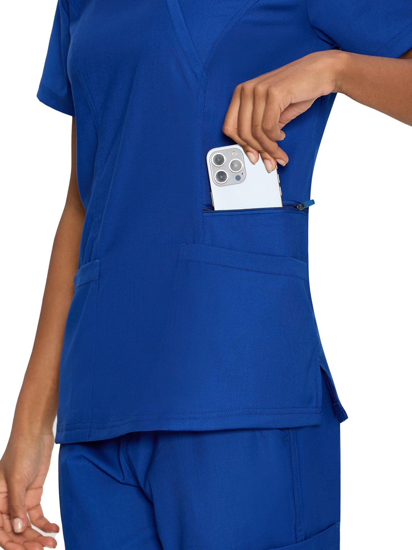 Venus Mock Wrap Scrub Top, Royal Blue, Pocket Detail 1
