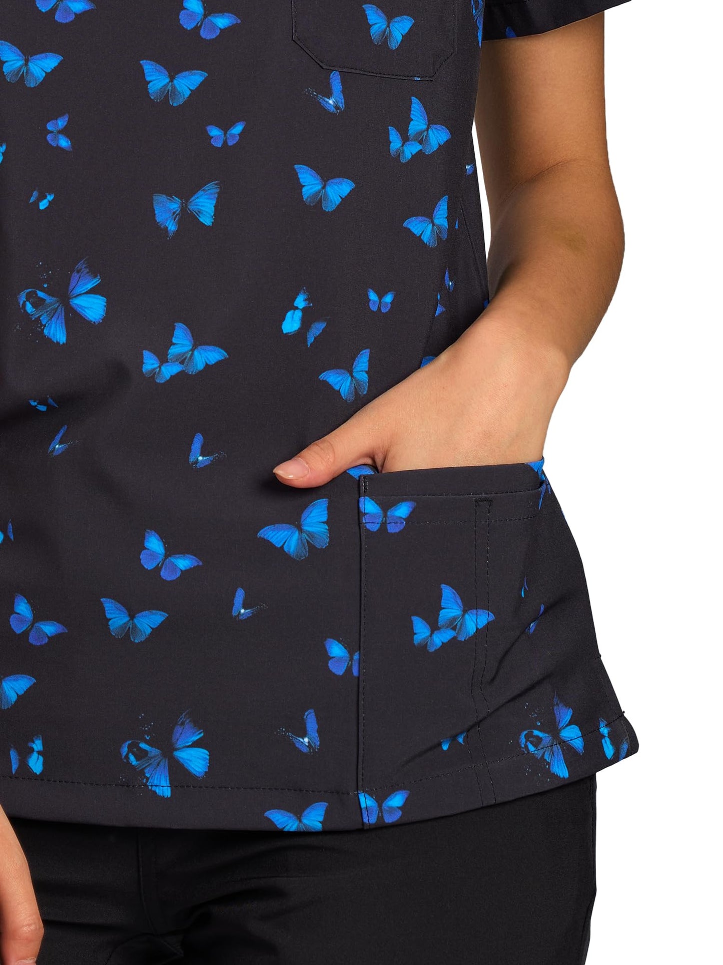 CSYHT01P01 Women's Printed V-Neck Scrub Top — Blue Butterfly — 8