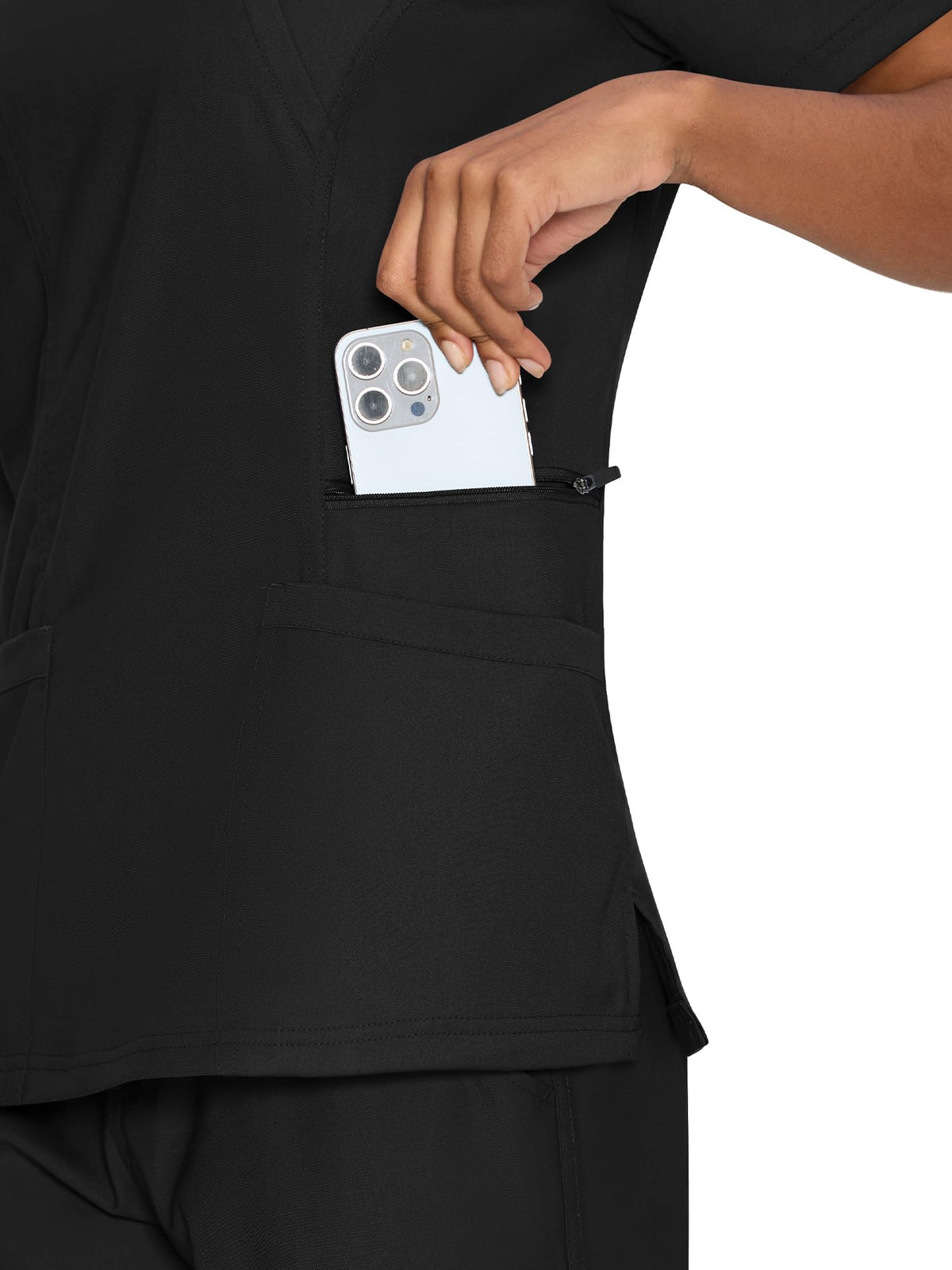 Venus Mock Wrap Scrub Top, Black, Pocket Detail