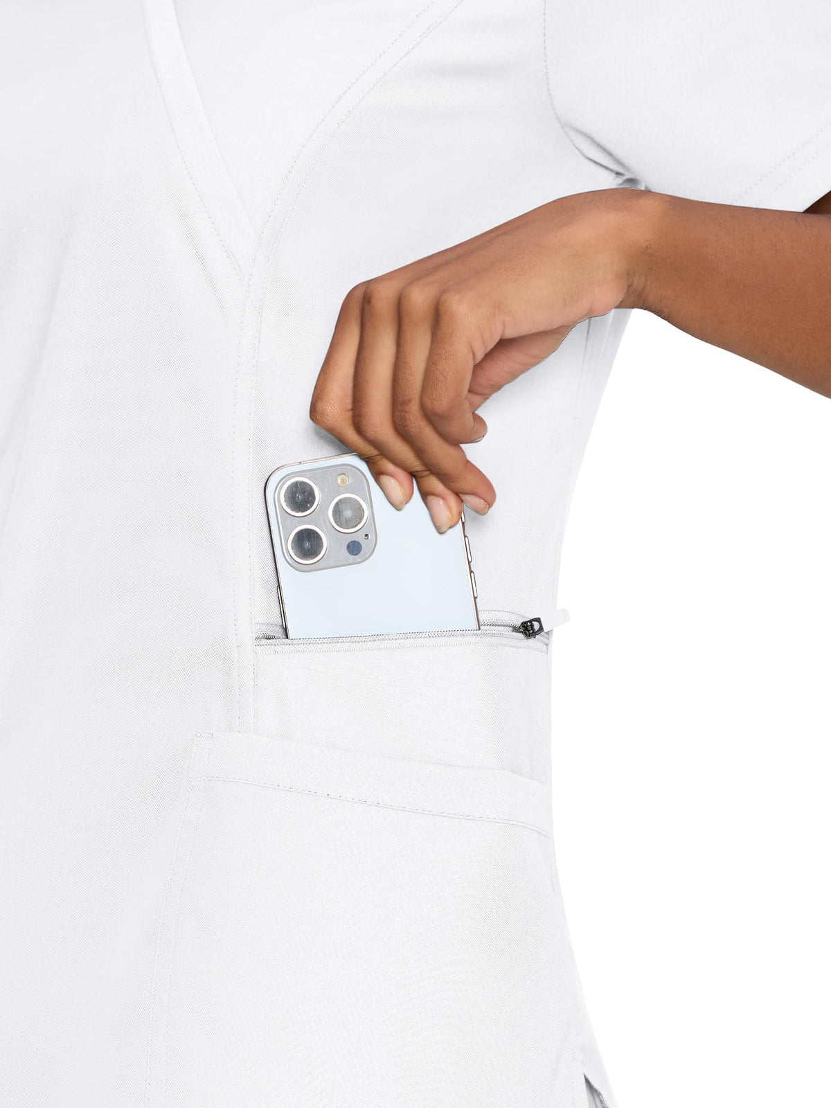 Venus Mock Wrap Scrub Top, White, Pocket Detail 1