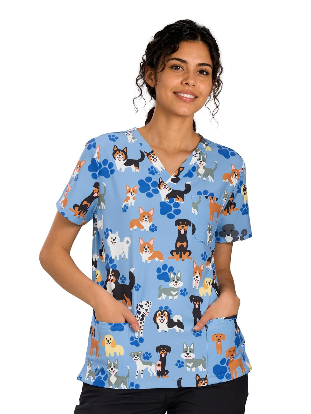 CSYHT01P01 Women's Printed V-Neck Scrub Top — Blue Dog — 4