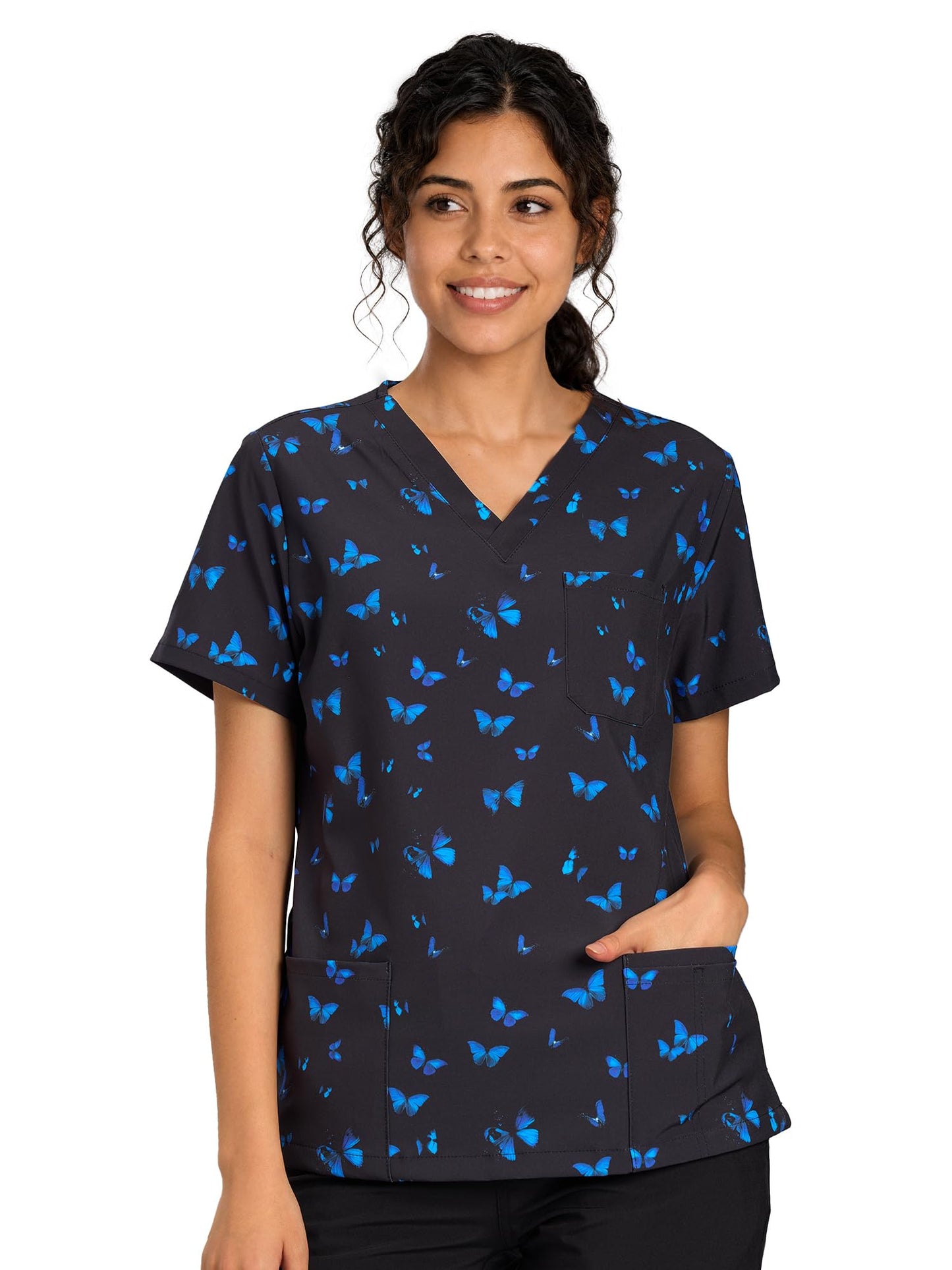 CSYHT01P01 Women's Printed V-Neck Scrub Top — Blue Butterfly — 6
