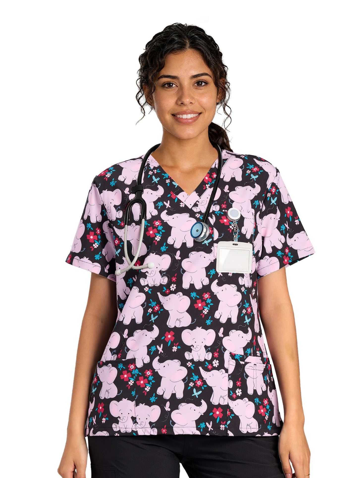 CSYHT01P01 Women's Printed V-Neck Scrub Top — Pink Elephant — 1