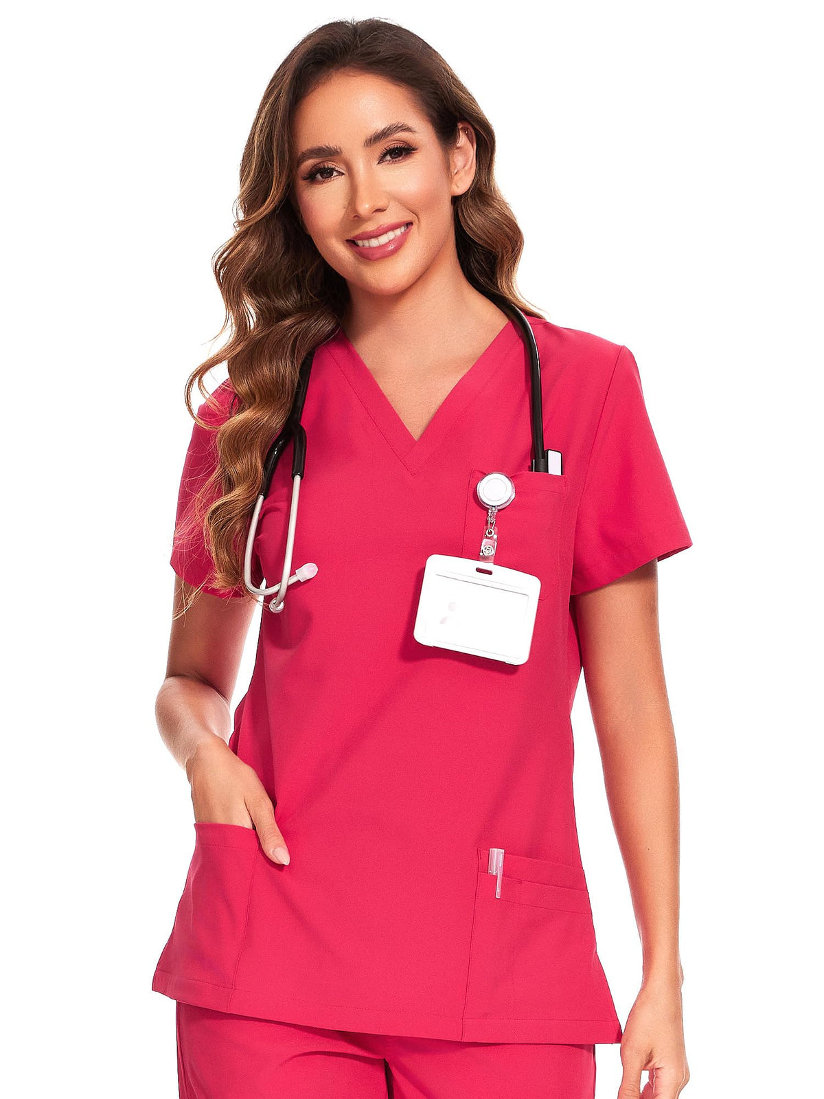Luna V-Neck Scrub Top — Rose Red — 1