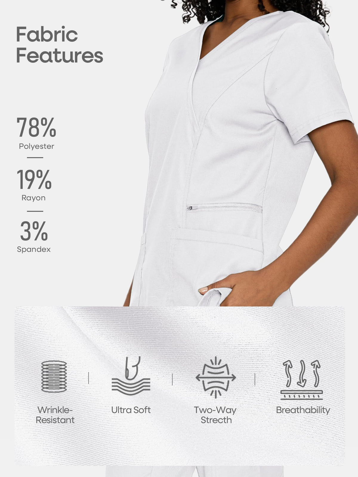 Venus Mock Wrap Scrub Top, White, Fabric Features