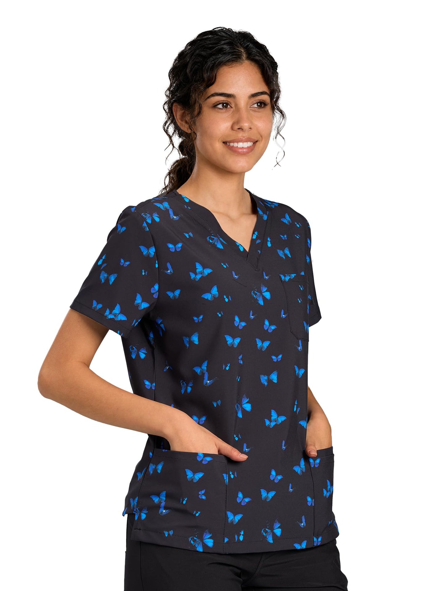 CSYHT01P01 Women's Printed V-Neck Scrub Top — Blue Butterfly — 3