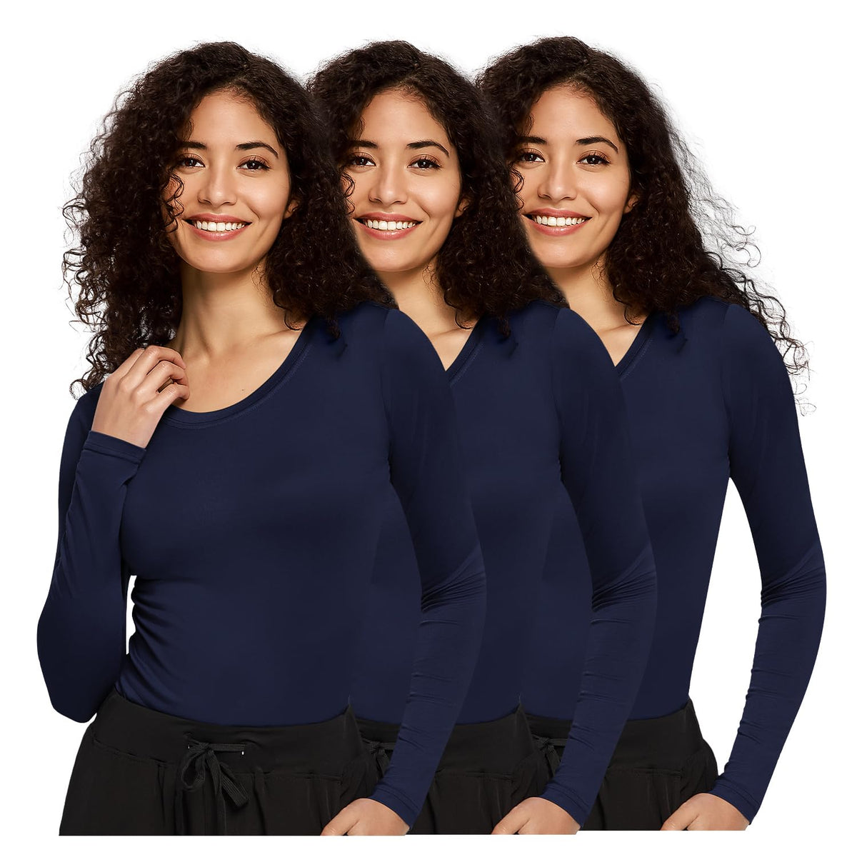 Mira Long Sleeve Crew Neck Underscrub 3-Pack — Navy Blue — 1