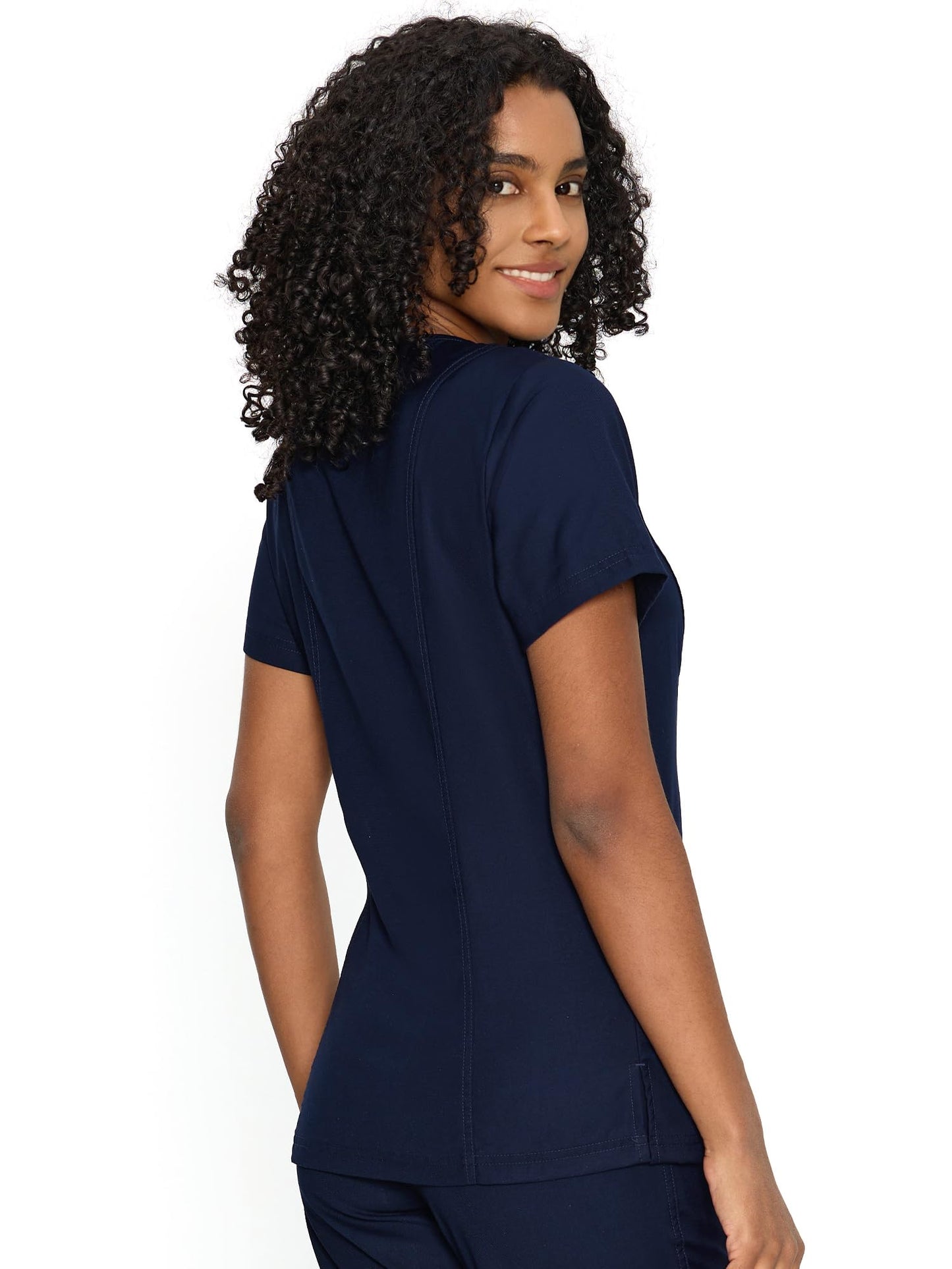 Venus Mock Wrap Scrub Top, Navy Blue, Back View
