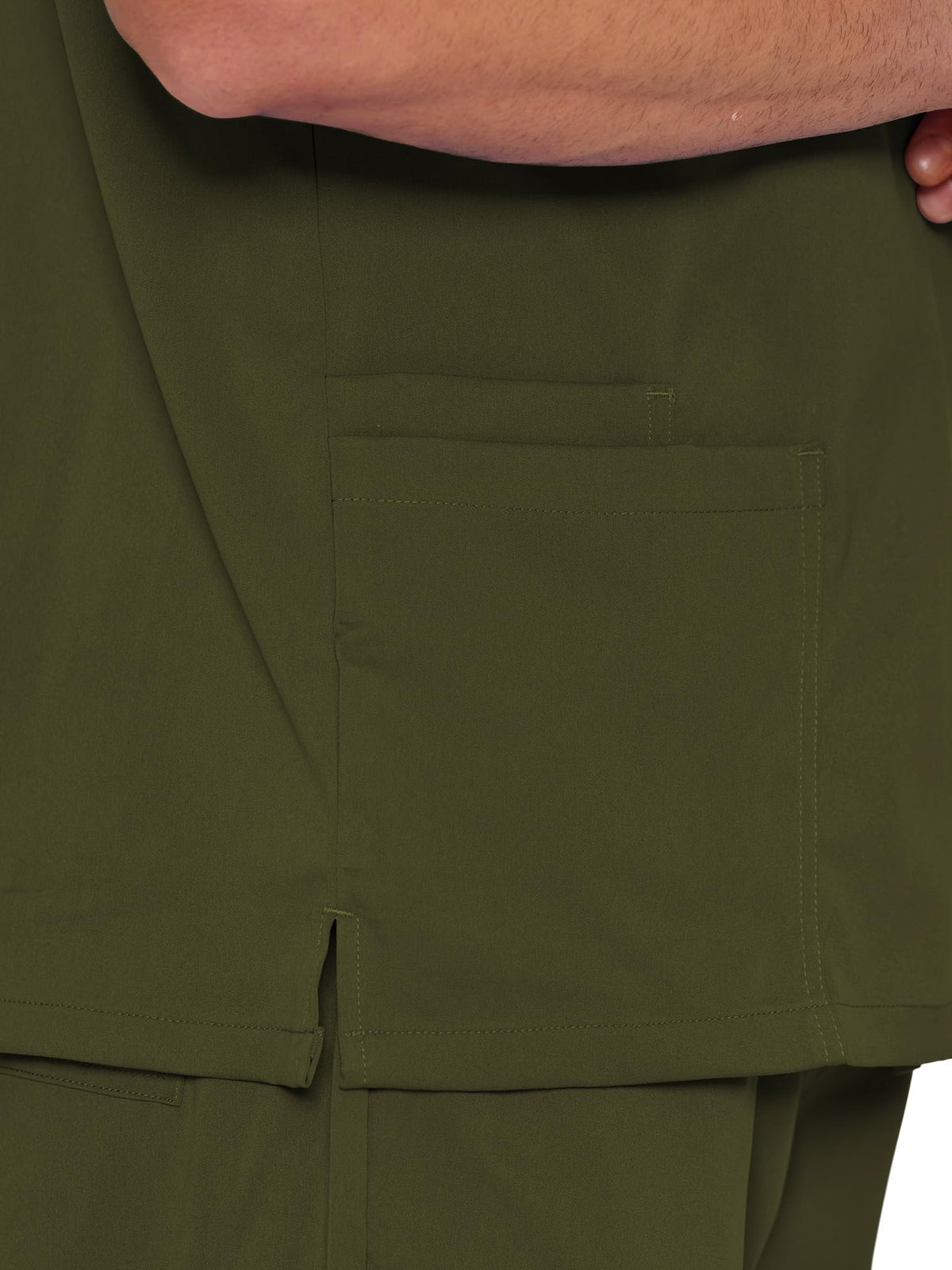 Orion V-Neck Scrub Top, Olive Green, Side Hem Slit Detail