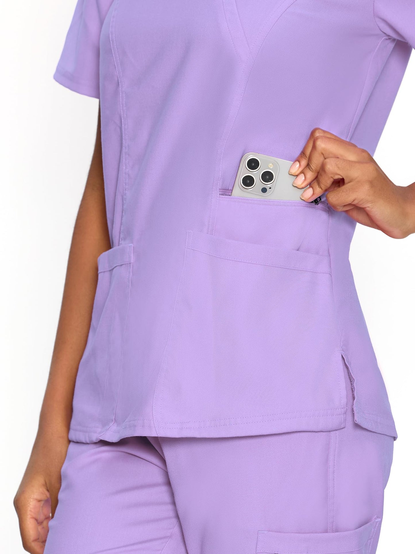 Venus Mock Wrap Scrub Top, Light Purple, Pocket Detail 1