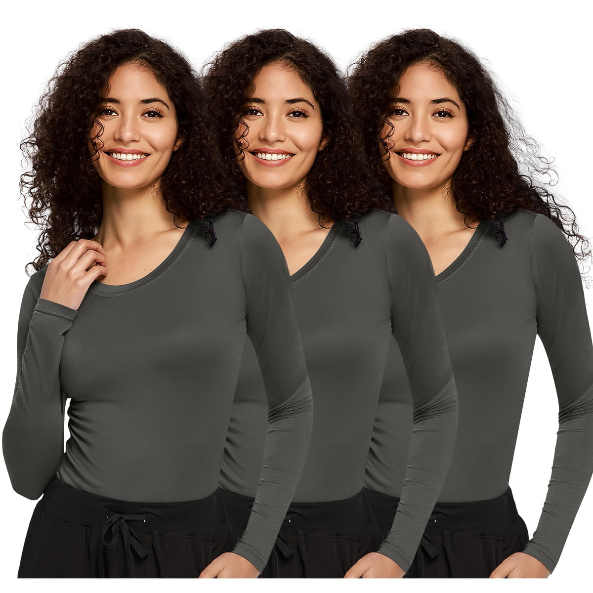 Mira Long Sleeve Crew Neck Underscrub 3-Pack — Grey — 1
