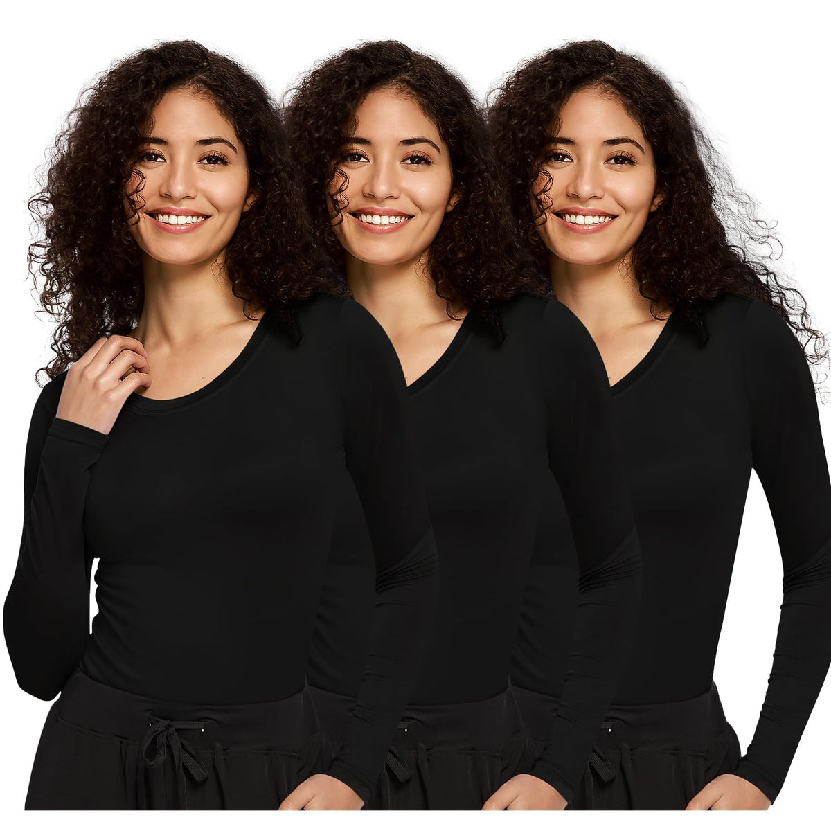 Mira Long Sleeve Crew Neck Underscrub 3-Pack — Black — 1