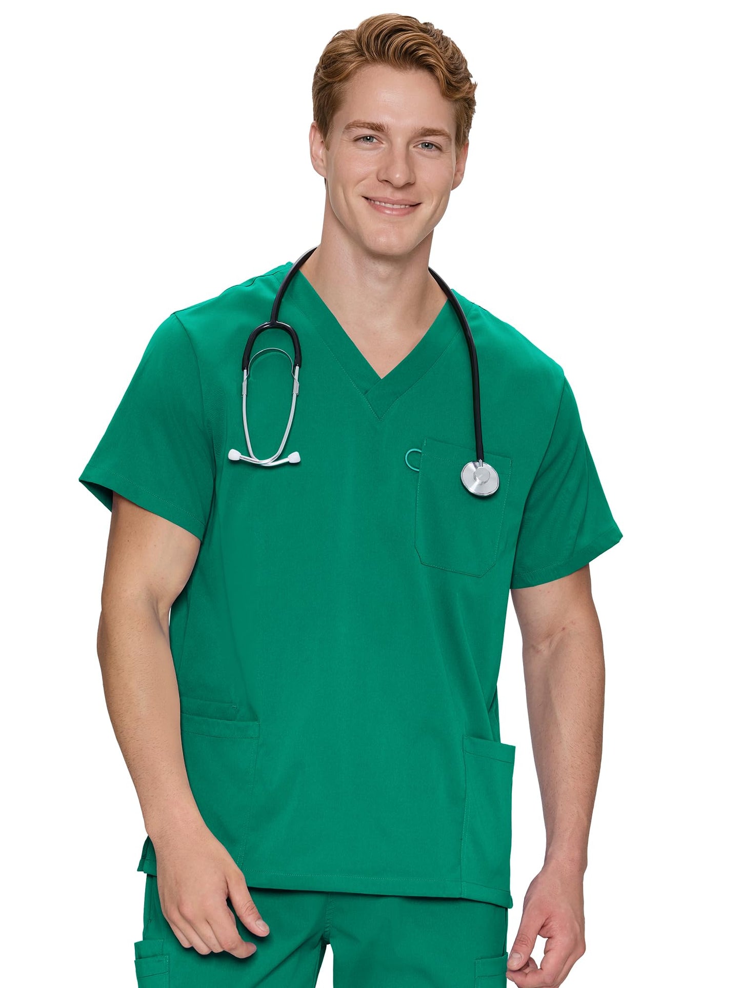 Orion V-Neck Scrub Top, Hunter Green, Front Styling View