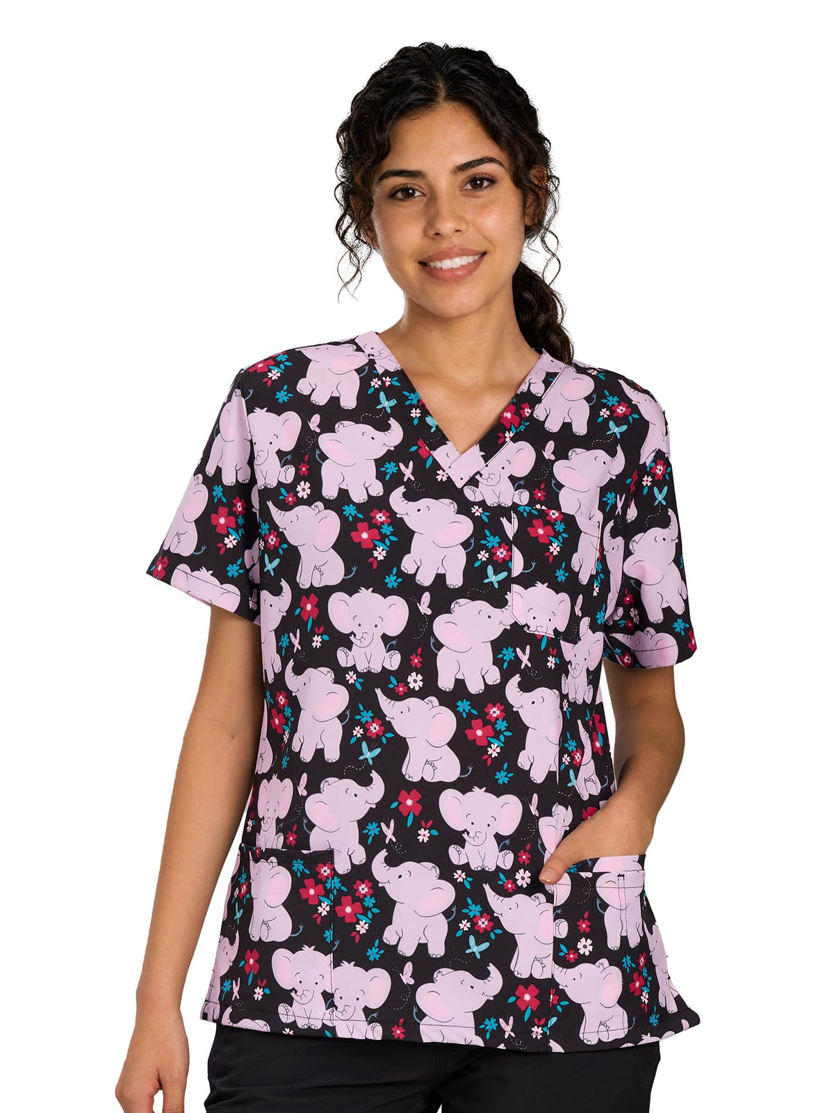 CSYHT01P01 Women's Printed V-Neck Scrub Top — Pink Elephant — 6