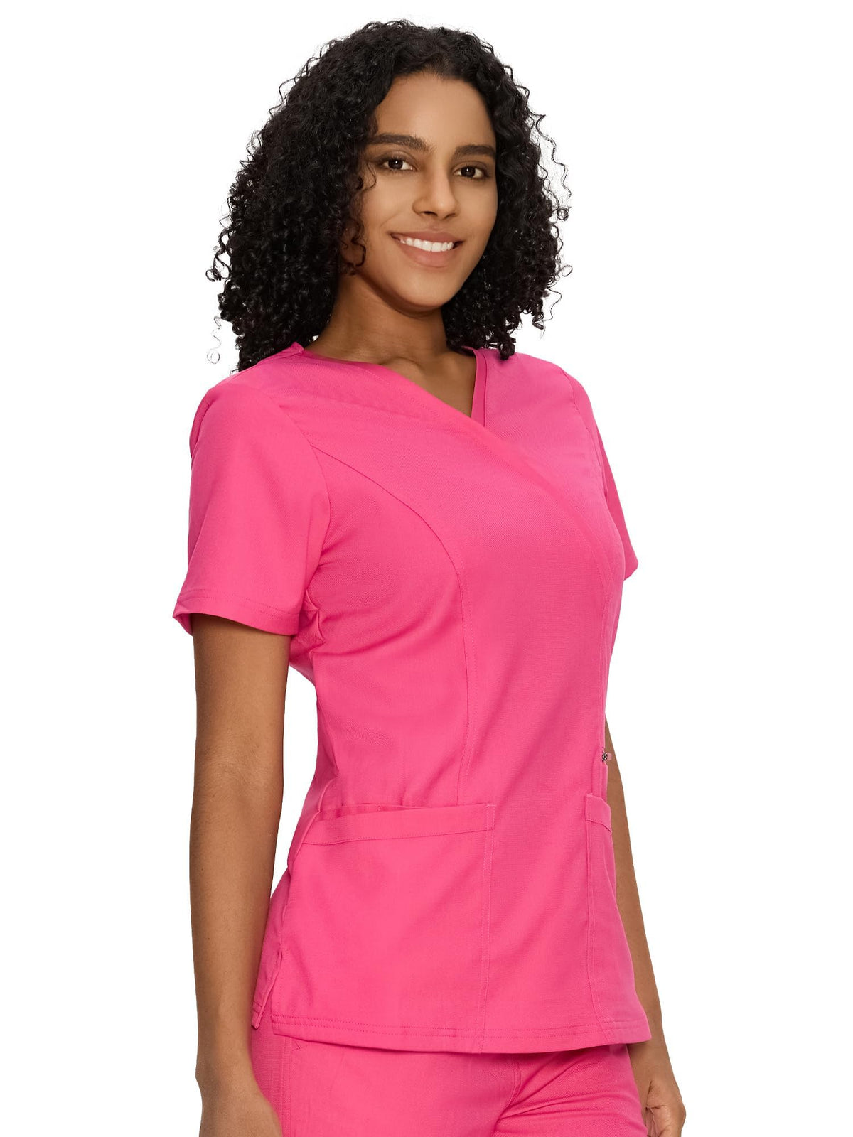Venus Mock Wrap Scrub Top, Hot Pink, Model Front View