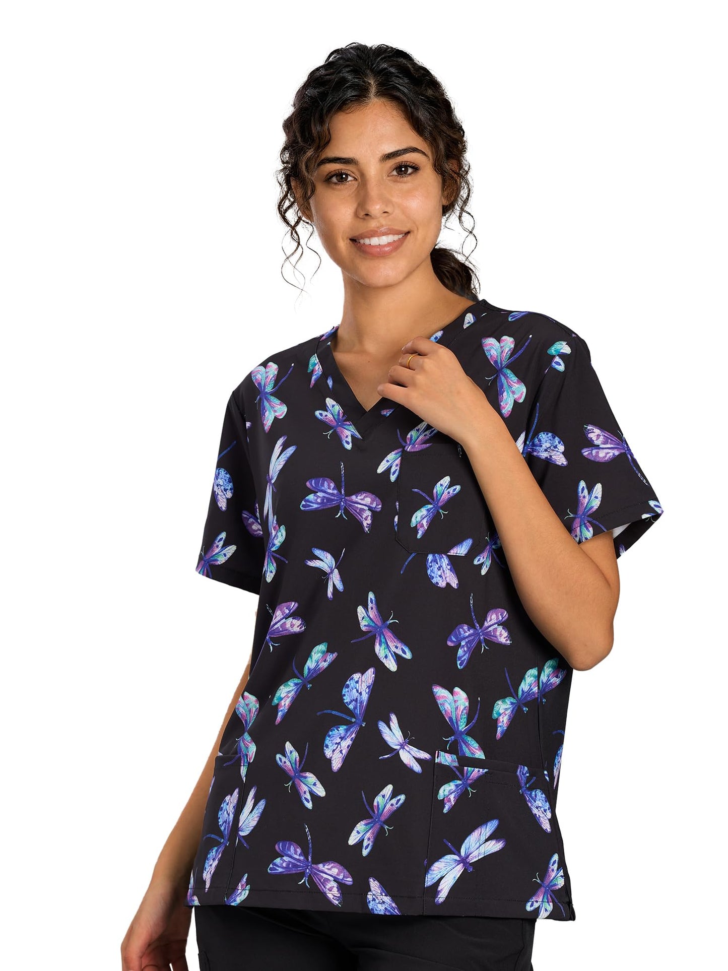 CSYHT01P01 Women's Printed V-Neck Scrub Top — Dragonfly — 3