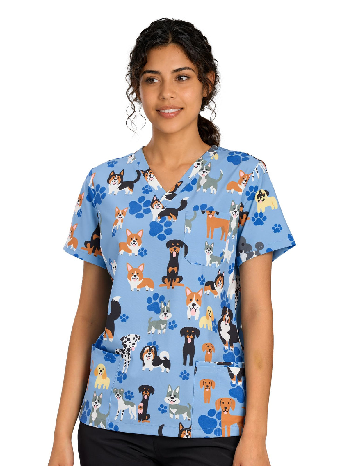 CSYHT01P01 Women's Printed V-Neck Scrub Top — Blue Dog — 3