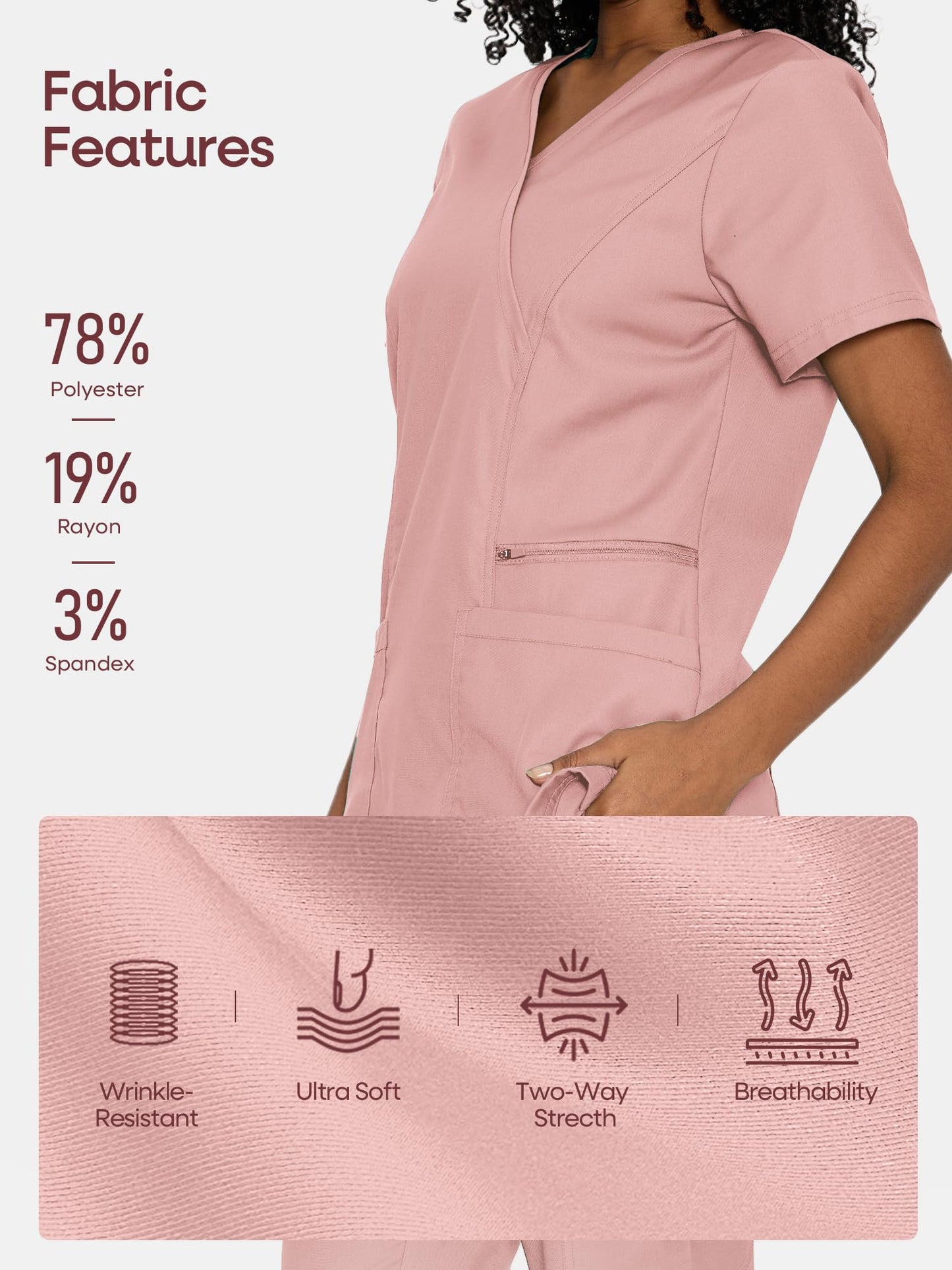 Venus Mock Wrap Scrub Top, Pink, Fabric Features