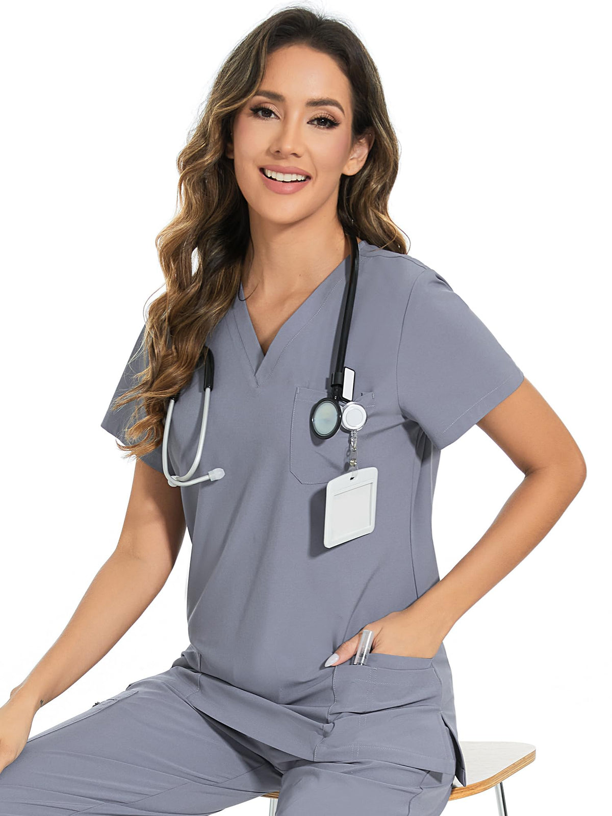 Luna V-Neck Scrub Top — Grey — 2