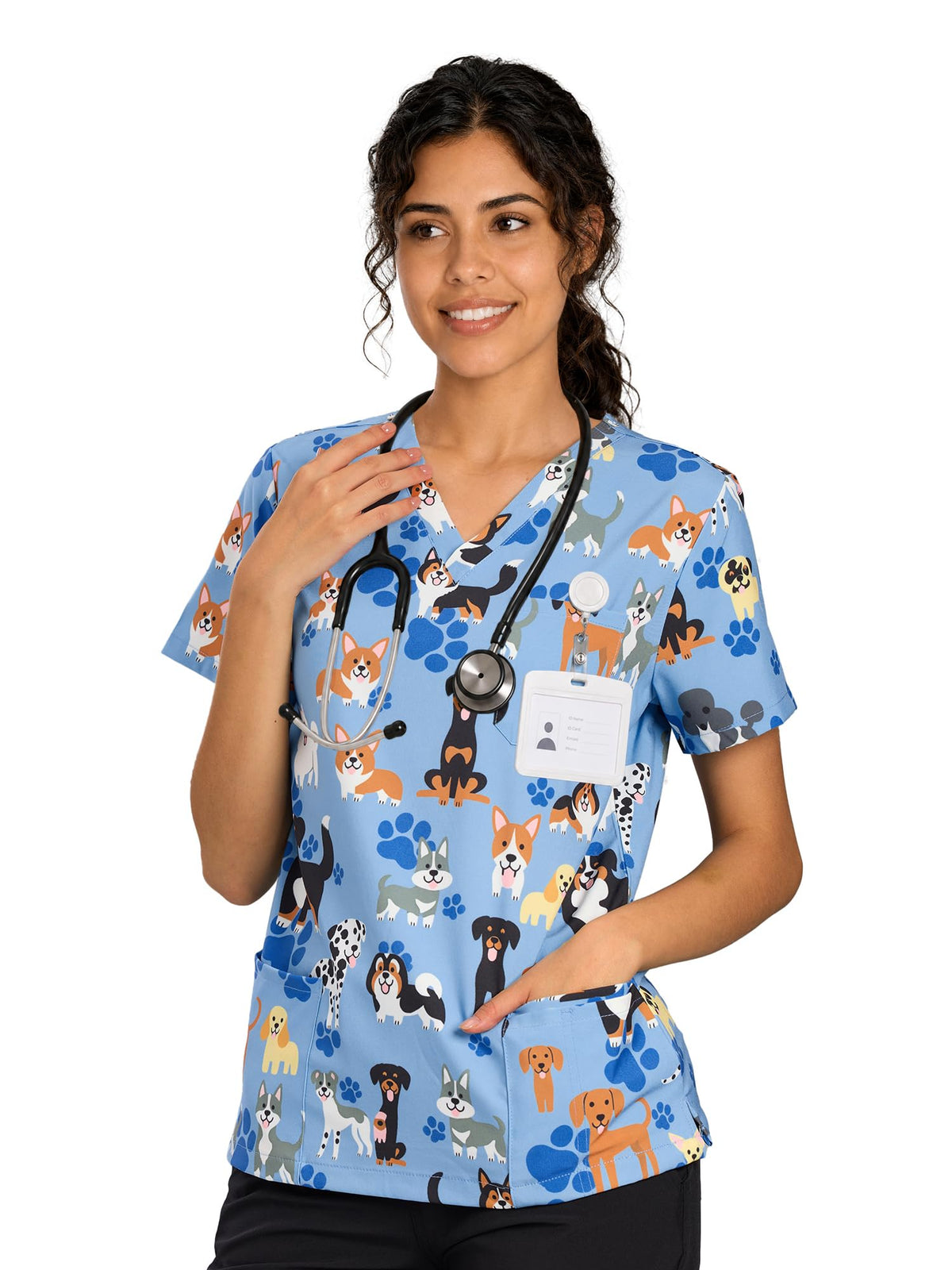 CSYHT01P01 Women's Printed V-Neck Scrub Top — Blue Dog — 1