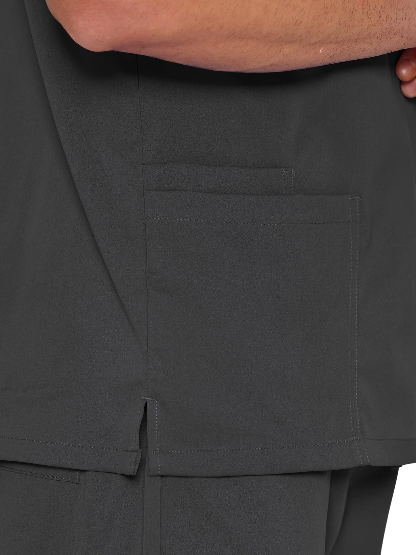 Orion V-Neck Scrub Top, Dark Grey, Side Hem Slit Detail