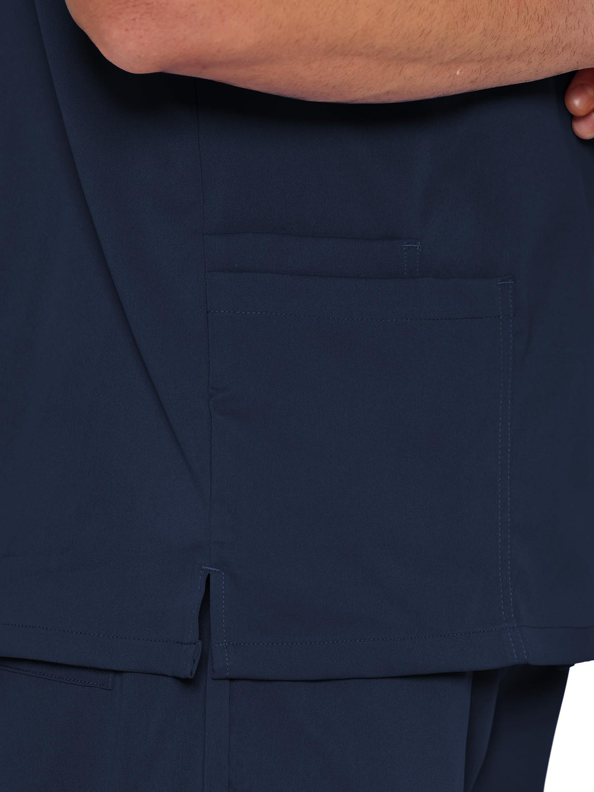 Orion V-Neck Scrub Top, Navy Blue, Side Hem Slit Detail