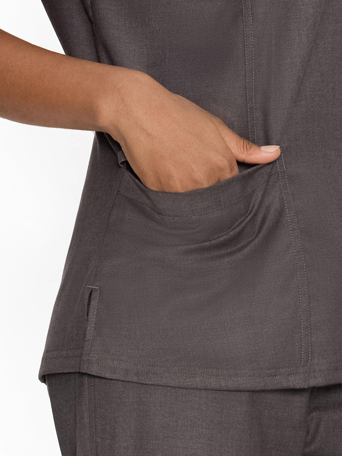 Venus Mock Wrap Scrub Top, Rock Grey, Pocket Detail 2