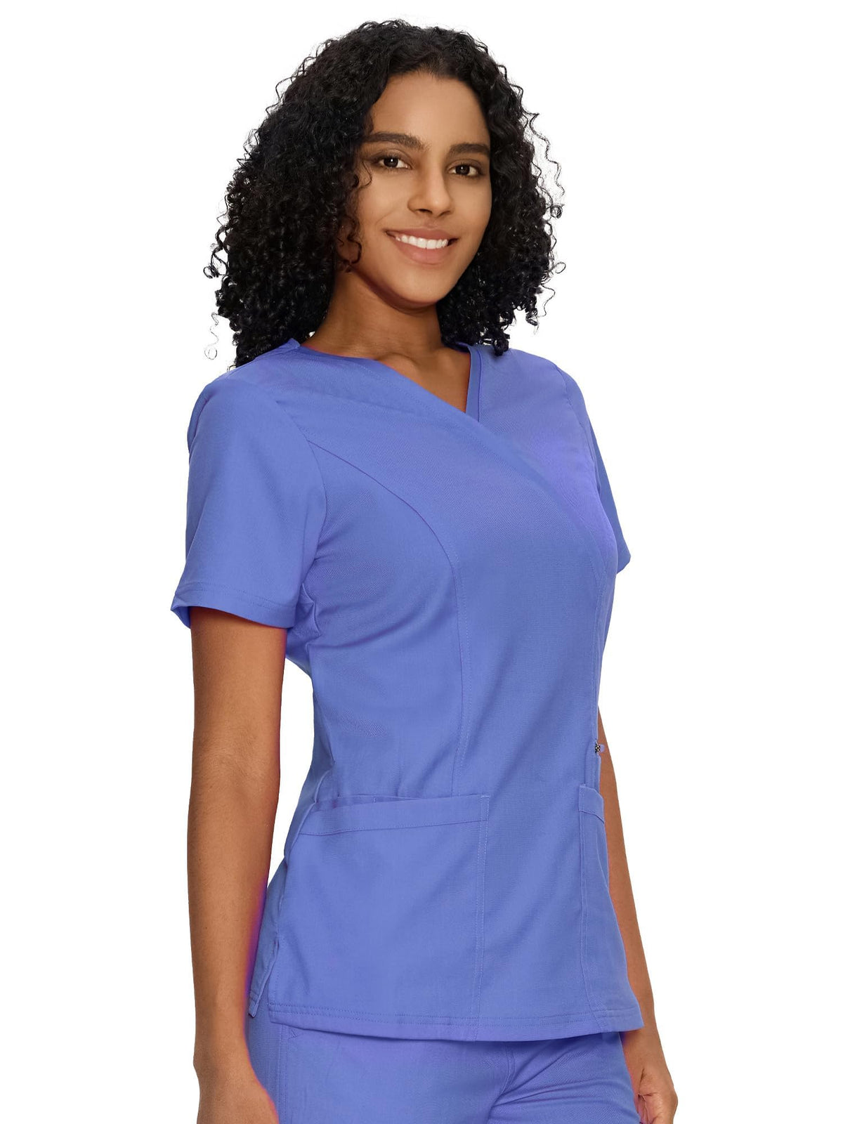 Venus Mock Wrap Scrub Top, Ceil Blue, Model Front View