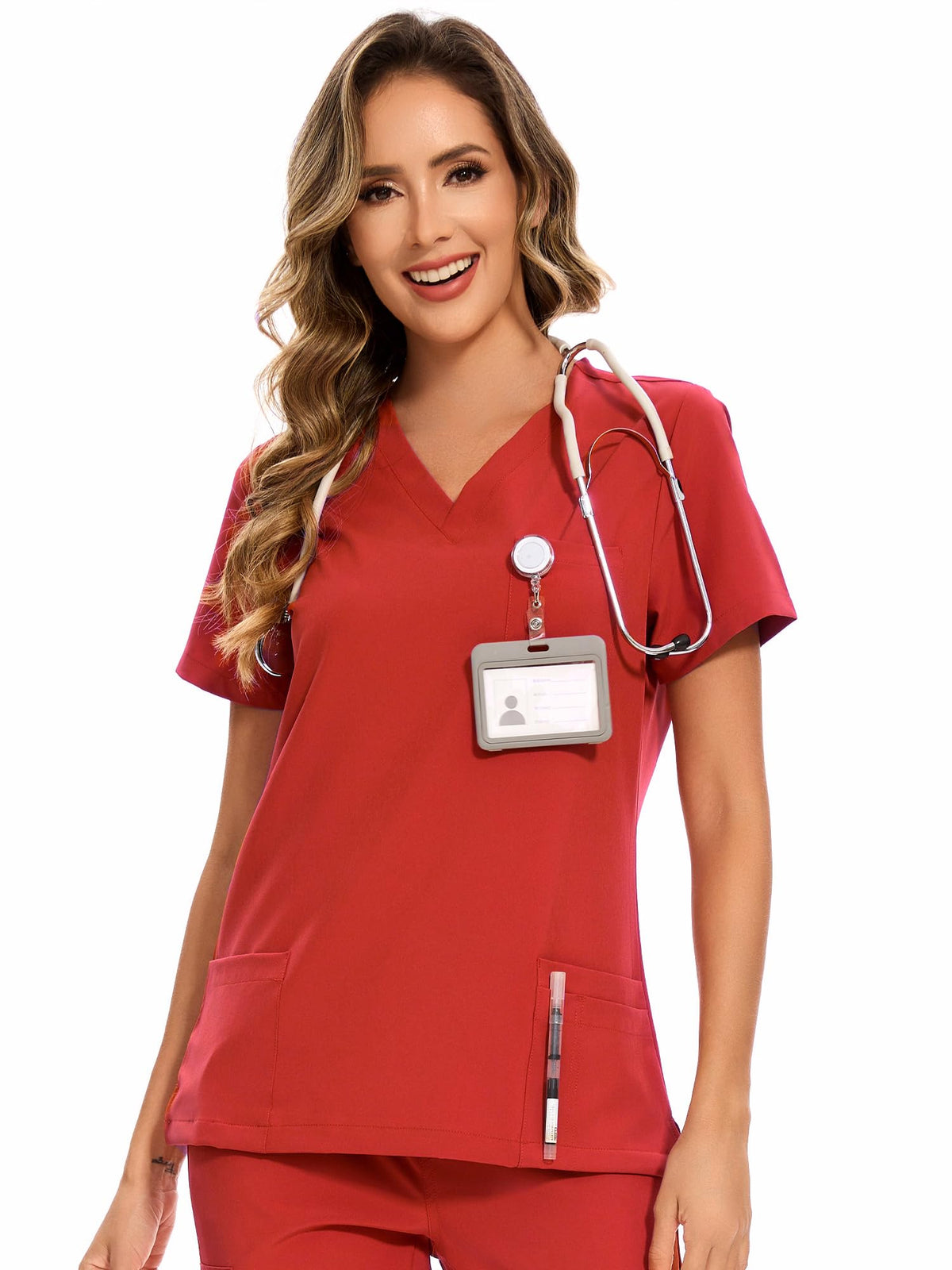 Luna V-Neck Scrub Top — Red — 1