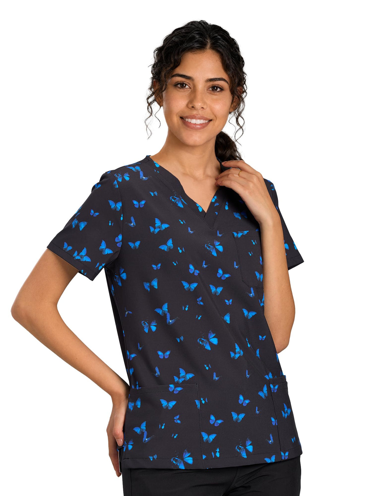 CSYHT01P01 Women's Printed V-Neck Scrub Top — Blue Butterfly — 4