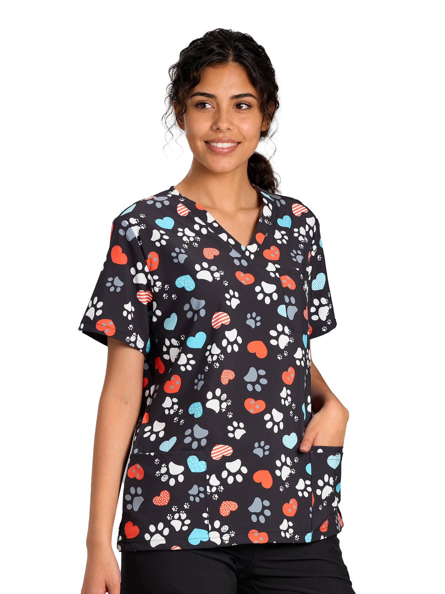 CSYHT01P01 Women's Printed V-Neck Scrub Top — Dog Paw Prints — 3