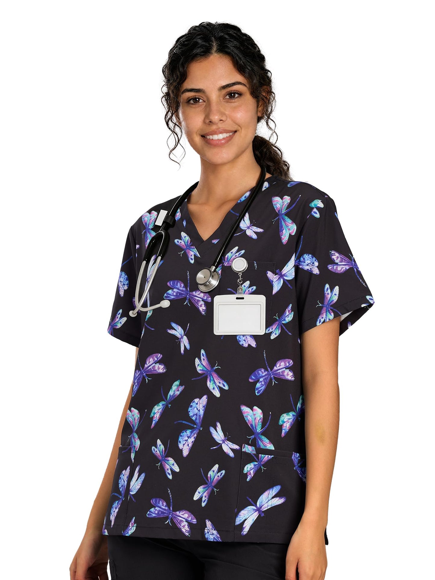 CSYHT01P01 Women's Printed V-Neck Scrub Top — Dragonfly — 1