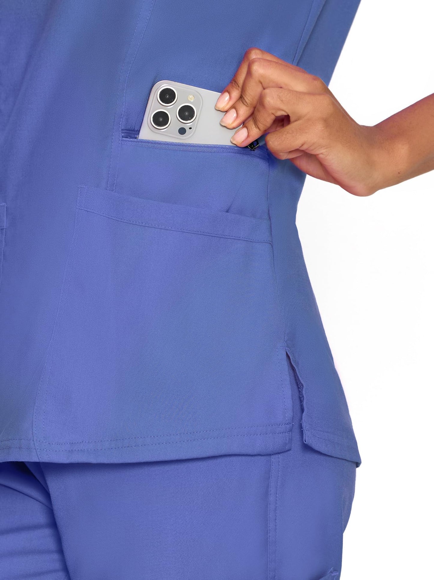 Venus Mock Wrap Scrub Top, Ceil Blue, Pocket Detail 1
