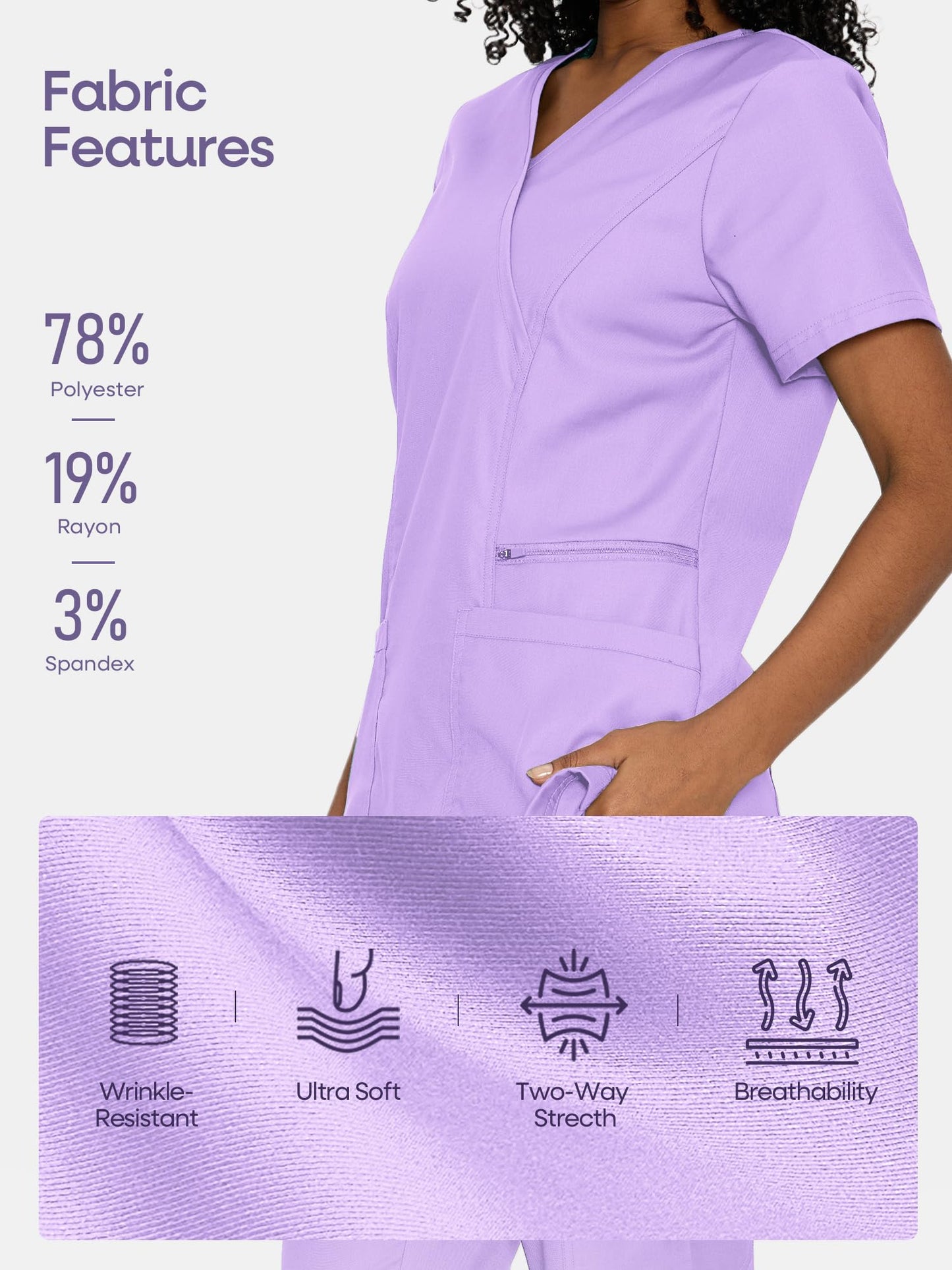 Venus Mock Wrap Scrub Top, Light Purple, Fabric Features