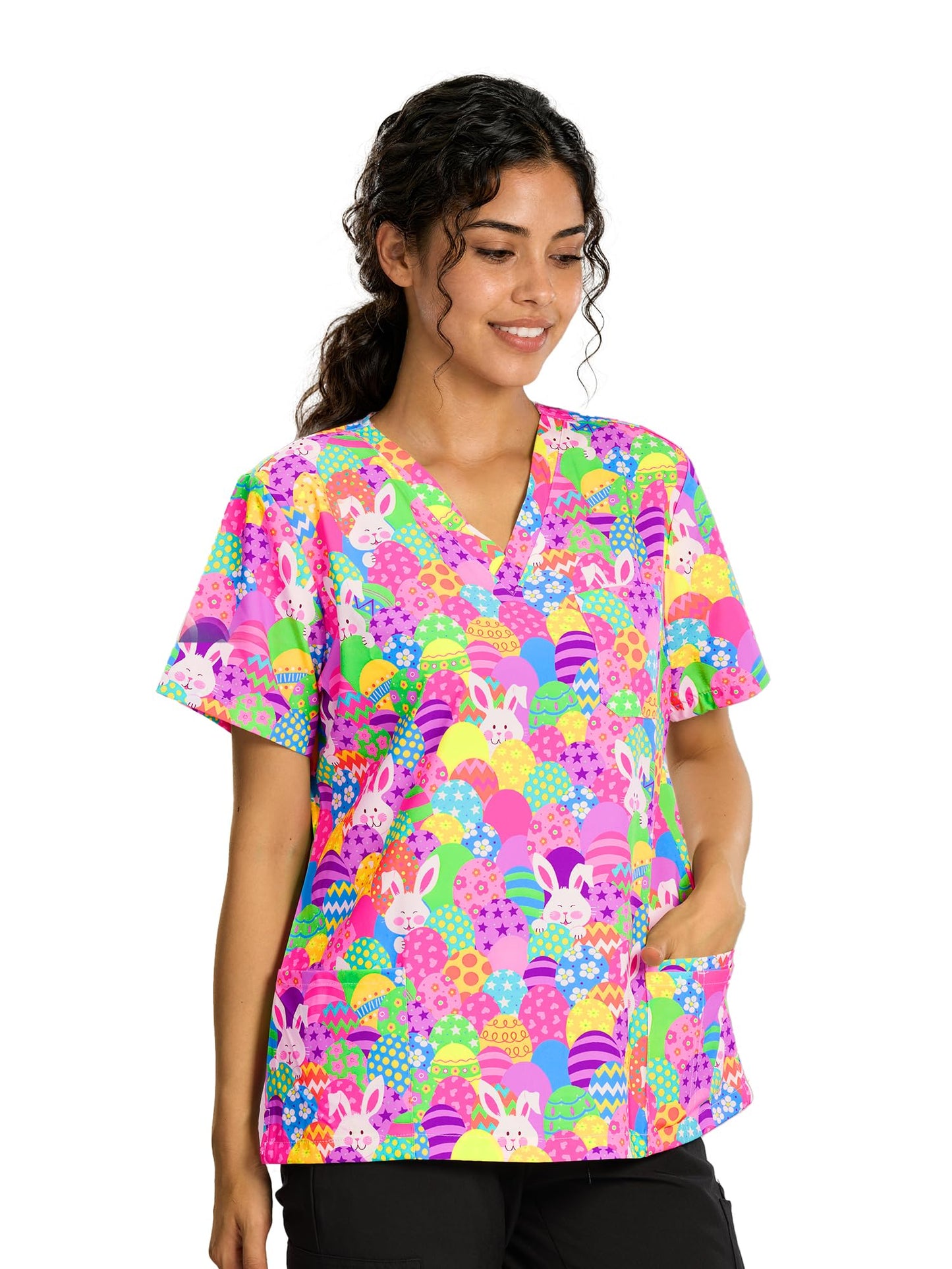CSYHT01P01 Women's Printed V-Neck Scrub Top — Rabbit Easter Egg — 3