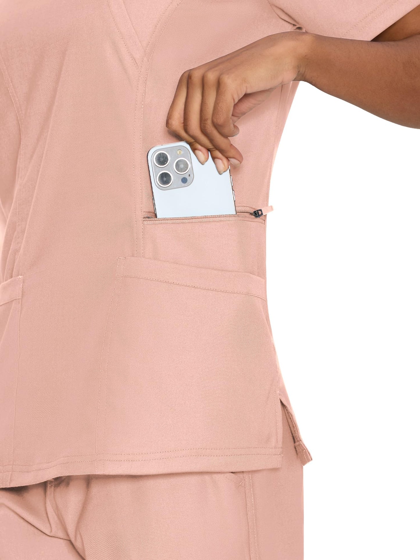 Venus Mock Wrap Scrub Top, Pink, Pocket Detail 1