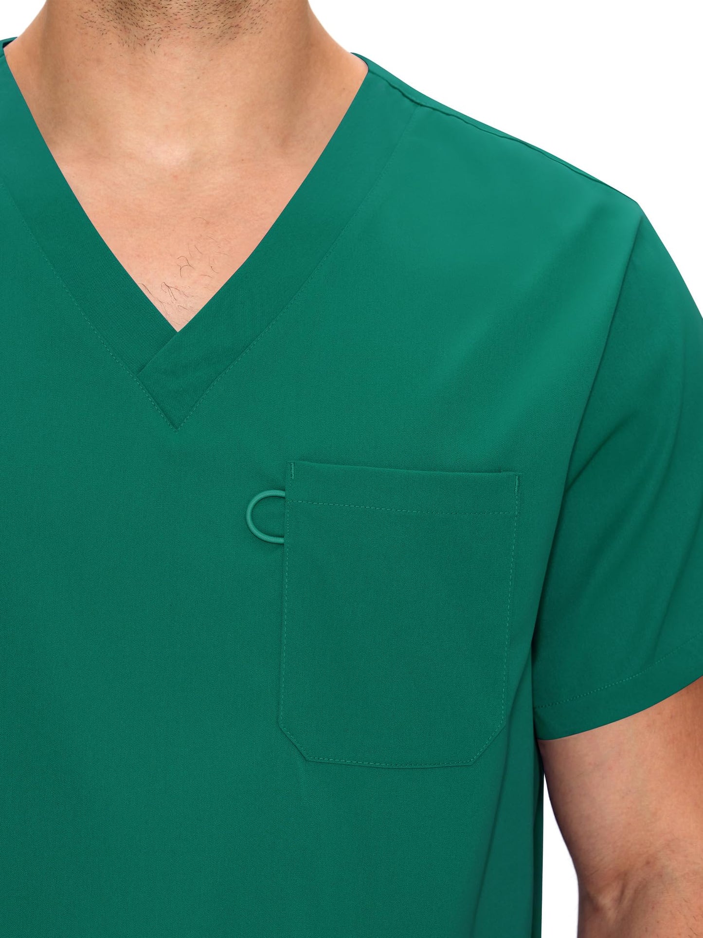 Orion V-Neck Scrub Top, Hunter Green, V-Neck and Chest Pocket Detail