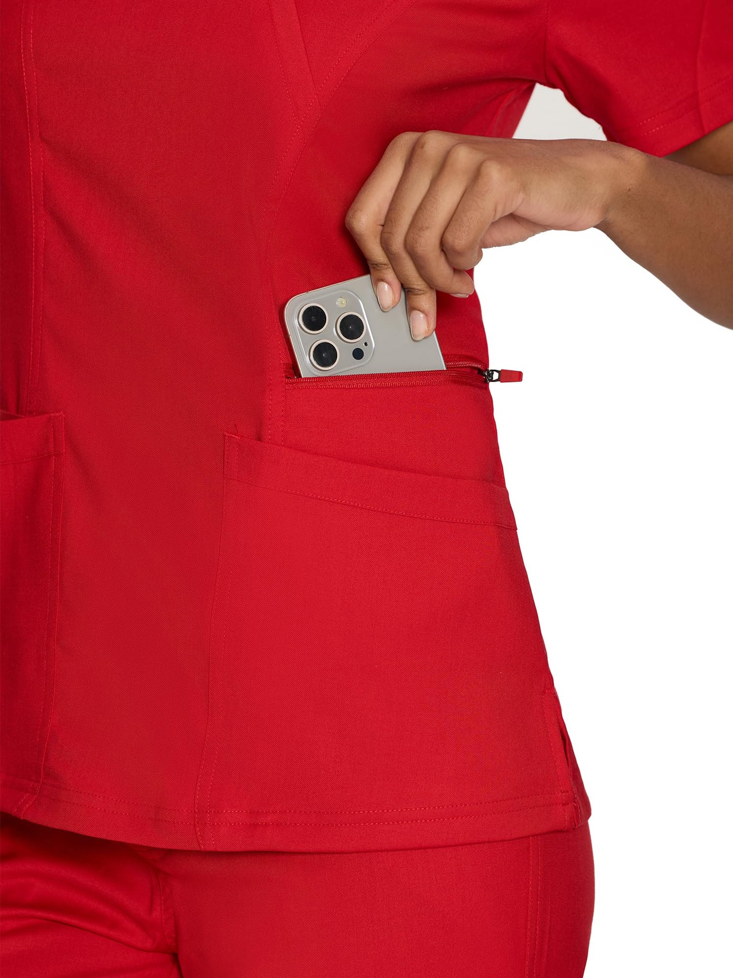 Venus Mock Wrap Scrub Top, Red, Pocket Detail 1