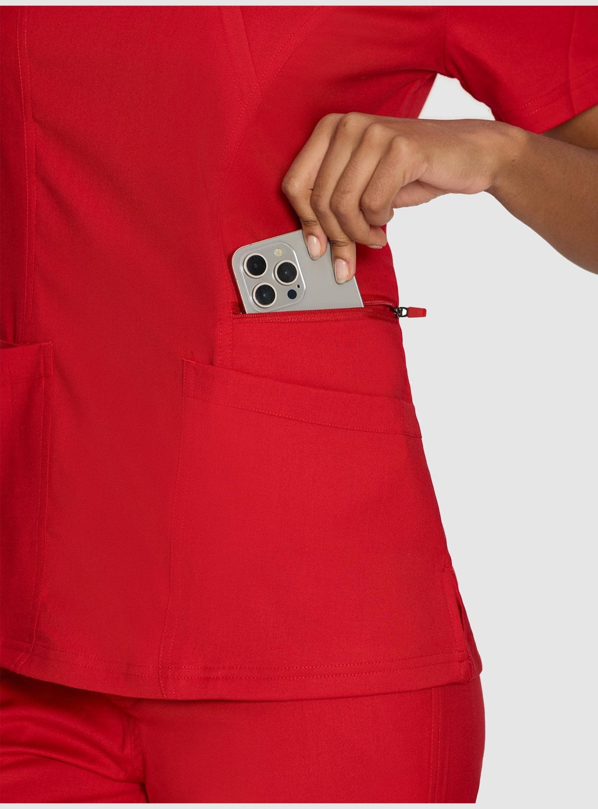 Venus Mock Wrap Scrub Top, Red, Pocket Detail 1