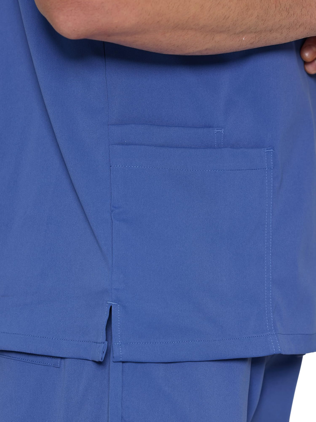 Orion V-Neck Scrub Top, Ceil Blue, Side Hem Slit Detail