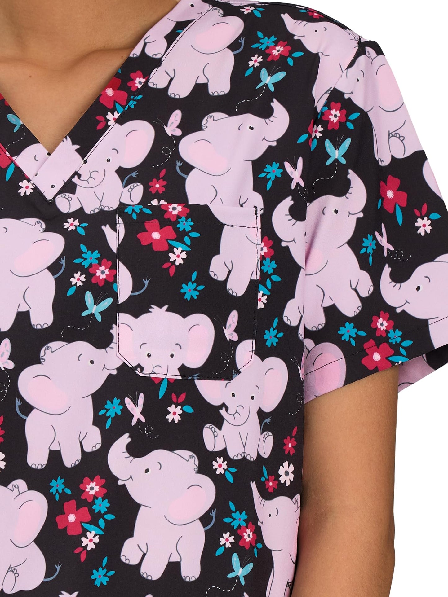 CSYHT01P01 Women's Printed V-Neck Scrub Top — Pink Elephant — 7