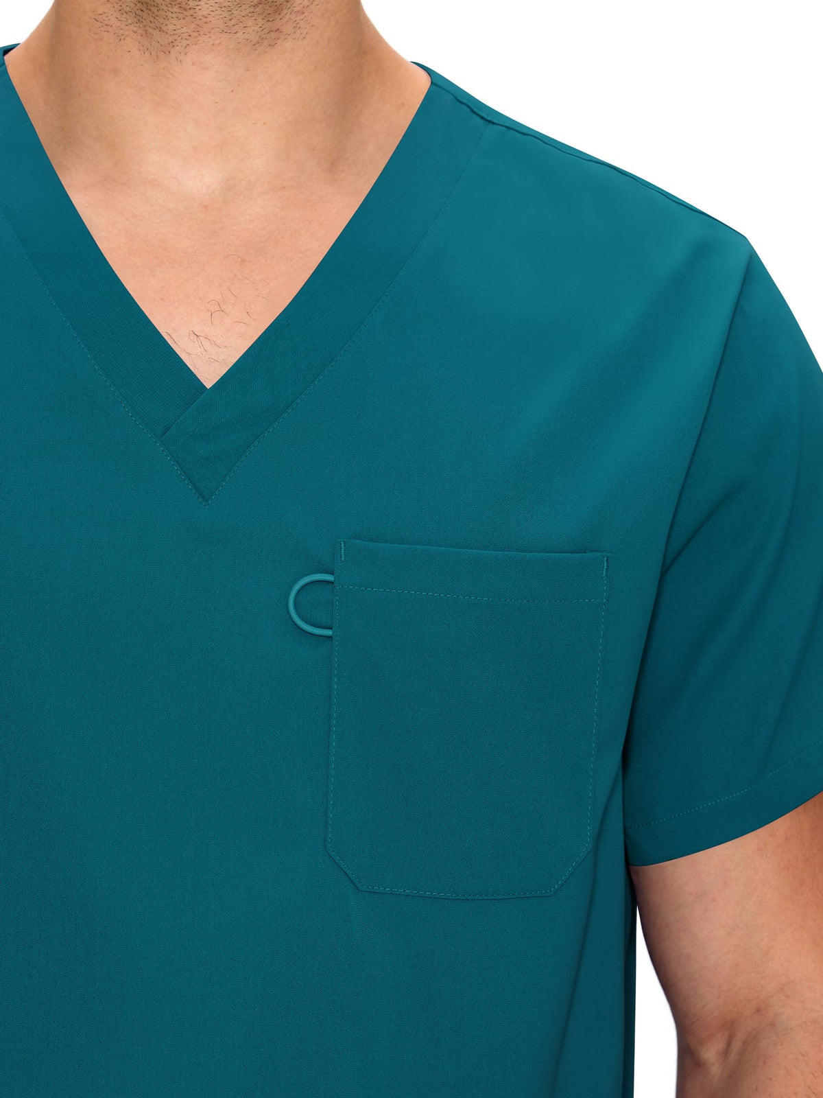 Orion V-Neck Scrub Top, Caribbean Blue, V-Neck and Chest Pocket Detail