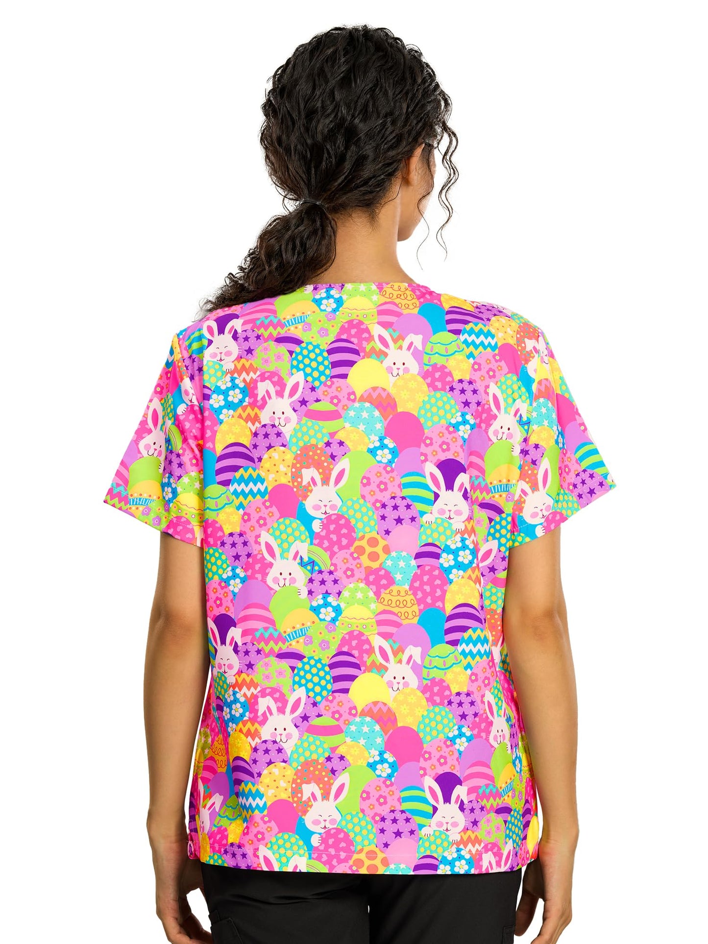 CSYHT01P01 Women's Printed V-Neck Scrub Top — Rabbit Easter Egg — 5