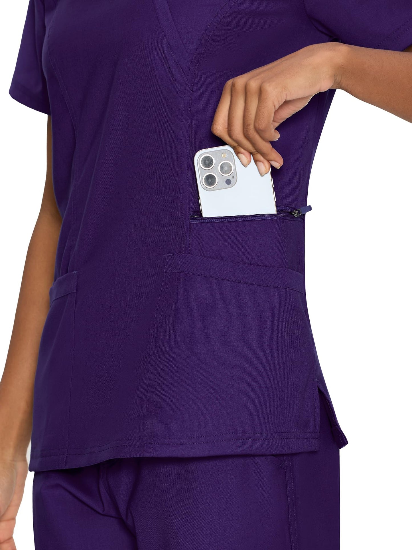 Venus Mock Wrap Scrub Top, Dark Purple, Pocket Detail 1