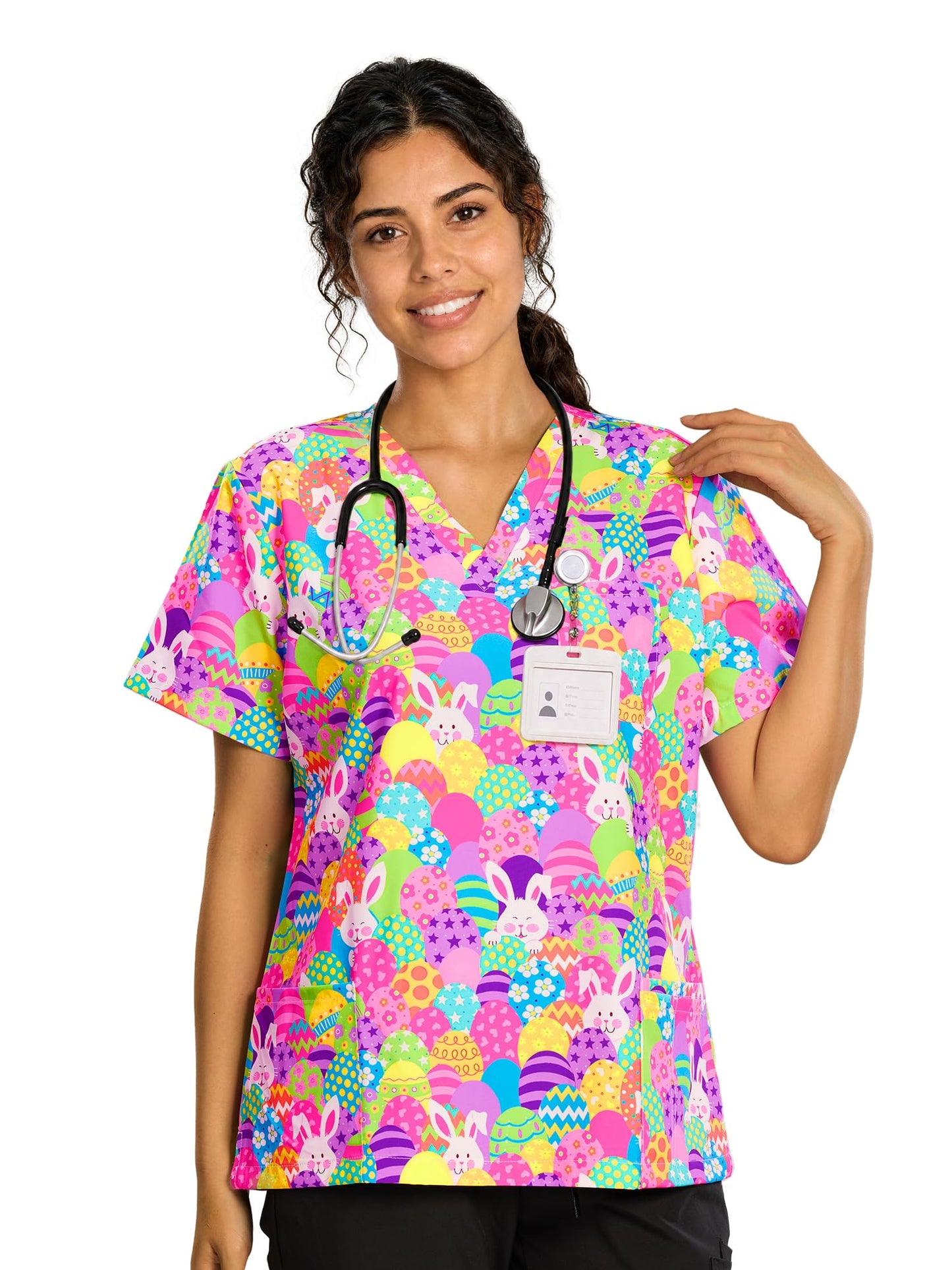 CSYHT01P01 Women's Printed V-Neck Scrub Top — Rabbit Easter Egg — 1