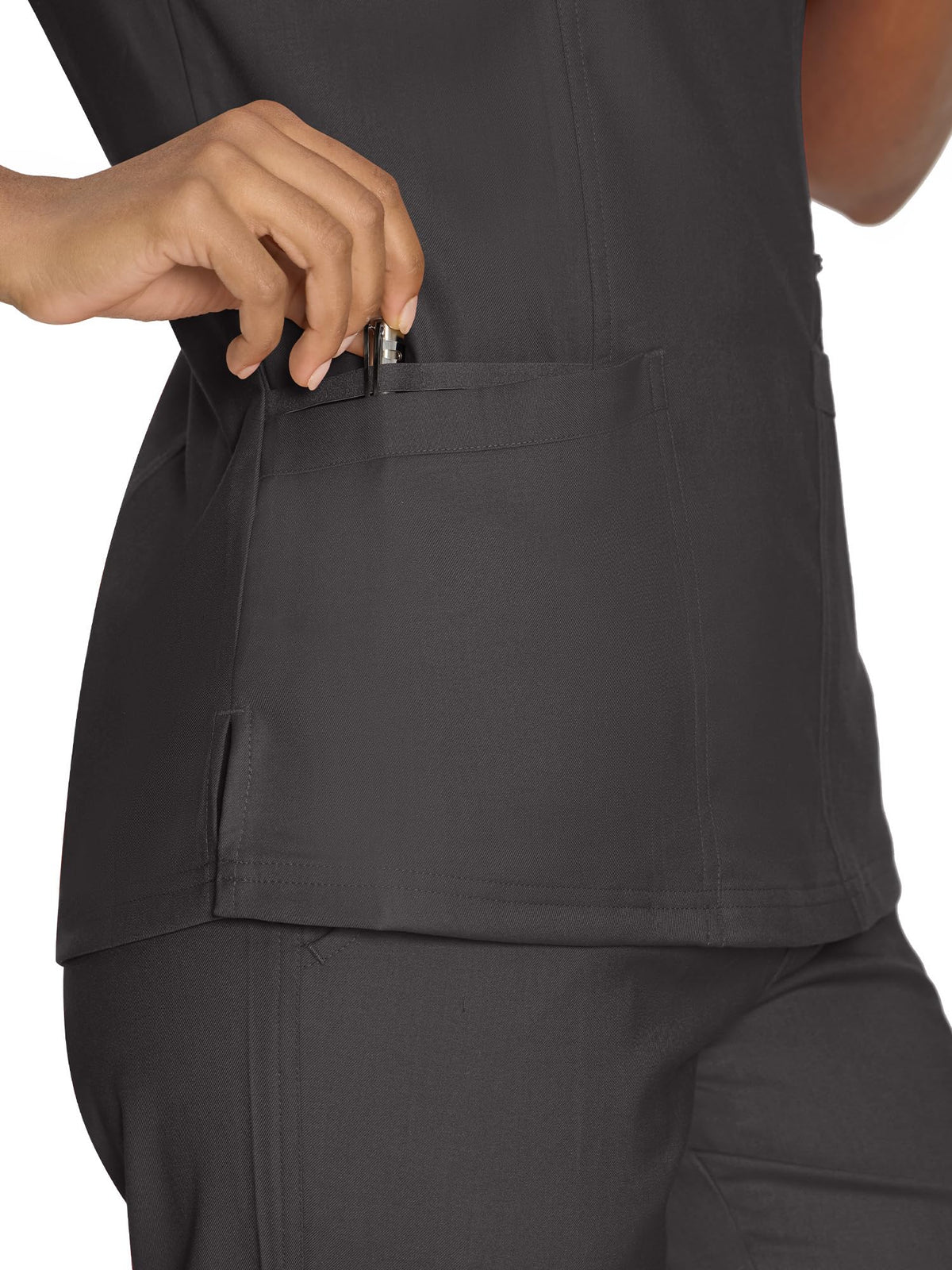 Venus Mock Wrap Scrub Top, Dark Grey, Pocket Detail 2